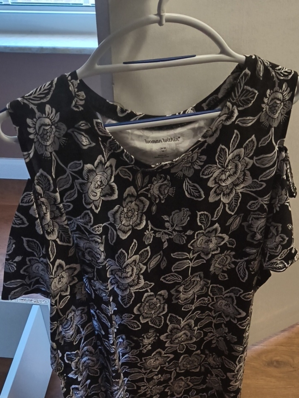 Woman Within Black and White Floral Cold-Shoulder Dress